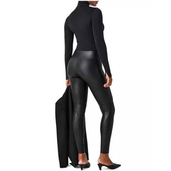 Spanx Women’s Sz M Black Faux Leather Moto Leggings Pants Pull On - Picture 2 of 12